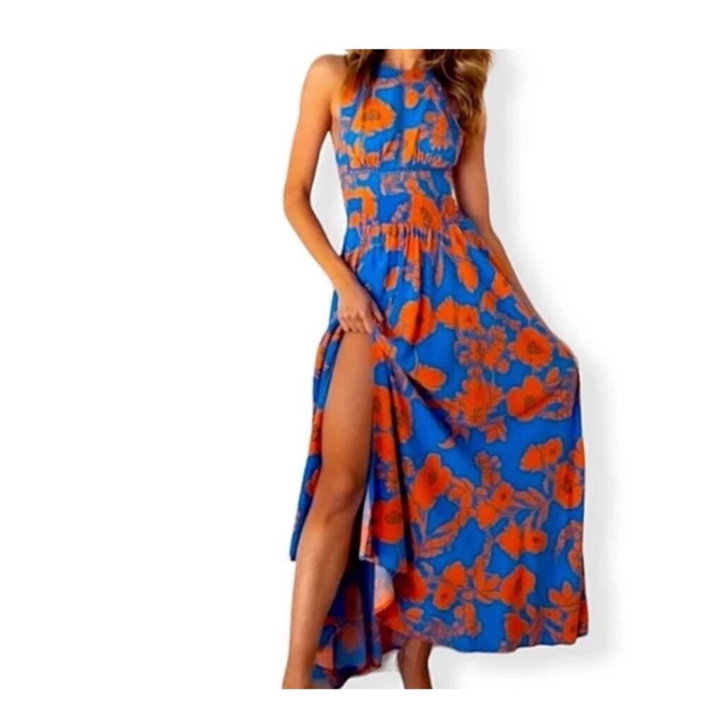 Anthropologie Blue and Orange Maxi Dress